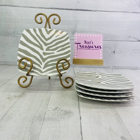 222 Fifth ZEBRA GREY White Square Porcelain Square Appetizer Bread Plates Set 5 - Picture 2 of 11